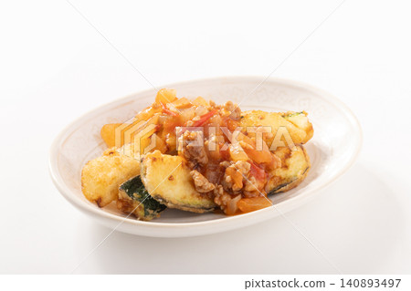 Fried zucchini with tomato sauce. Fried zucchini with tomato sauce. 140893497