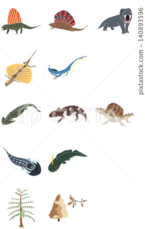 一組風格化的二疊紀生物插圖。 一組風格化的二疊紀生物插圖。 140893596