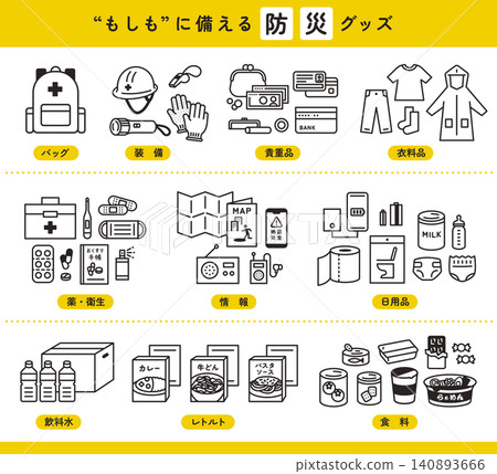 Icons for disaster preparedness goods and emergency supplies. Illustrations for disaster countermeasures, stockpiling, and evacuation supplies. Icons for disaster preparedness goods and emergency supplies. Illustrations for disaster countermeasures, stockpiling, and evacuation supplies. 140893666