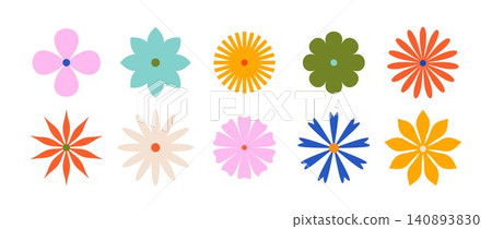 Abstract retro flower shapes set. Cute bloom symbol collection. Groovy blossom element pack for sticker, poster, banner, decoration. Vintage hippie style chamomile or daisy design. Vector illustration Abstract retro flower shapes set. Cute bloom symbol collection. Groovy blossom element pack for sticker, poster, banner, decoration. Vintage hippie style chamomile or daisy design. Vector illustration 140893830
