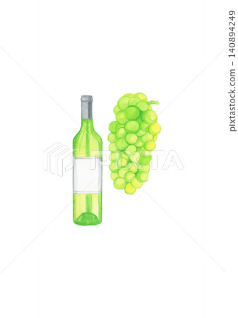 Hand-drawn watercolor illustration set of white grapes and white wine bottles on a white background. Wine-themed artwork. 140894249