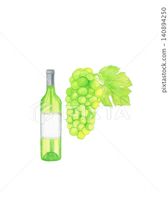 手繪水彩插圖,描繪了白葡萄、葉子和白葡萄酒瓶,白色背景,葡萄酒主題材料。 手繪水彩插圖,描繪了白葡萄、葉子和白葡萄酒瓶,白色背景,葡萄酒主題材料。 140894250