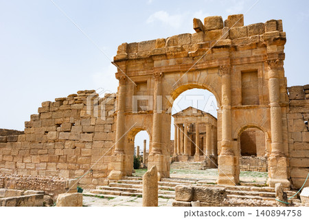 Arch of Antoninus Pius and Capitoline Temples in archeological site of Sufetula Arch of Antoninus Pius and Capitoline Temples in archeological site of Sufetula 140894758
