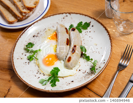 Fried eggs served with sausages for breakfast Fried eggs served with sausages for breakfast 140894946