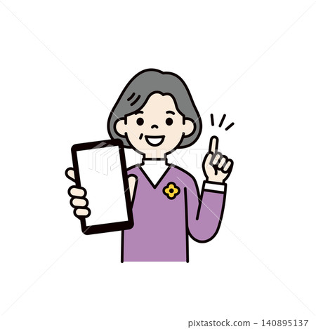 一位年長的女性/祖母面帶微笑,一邊展示智慧型手機螢幕一邊進行教學的向量插圖。 一位年長的女性/祖母面帶微笑,一邊展示智慧型手機螢幕一邊進行教學的向量插圖。 140895137