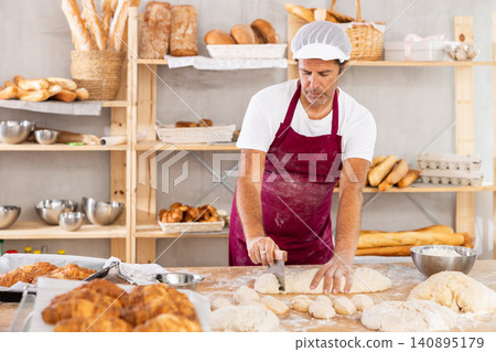 Professional male baker uses knife to cut raw dough to make croissants or buns Professional male baker uses knife to cut raw dough to make croissants or buns 140895179