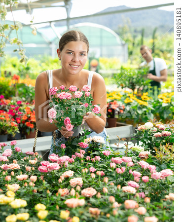 Young woman choosing bush roses in flower shop Young woman choosing bush roses in flower shop 140895181
