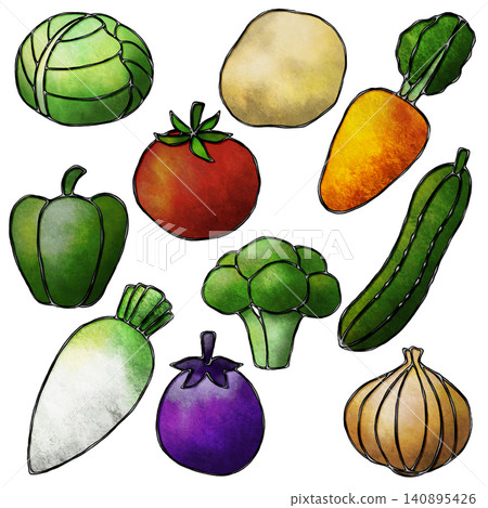 十種蔬菜的彩色玻璃風格插圖 140895426