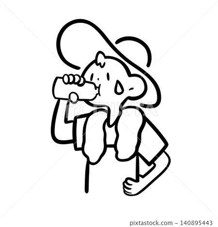 農民用塑膠瓶喝水的插圖 | 預防中暑、補水、貼紙風格、線畫 農民用塑膠瓶喝水的插圖 | 預防中暑、補水、貼紙風格、線畫 140895443