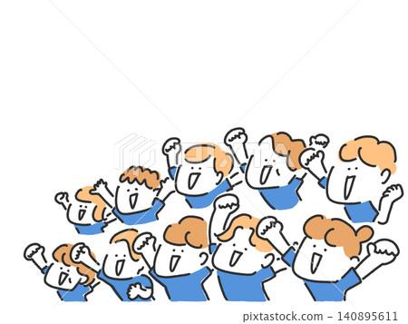 People cheering and supporting a sporting event; cute hand-drawn line art; blue uniforms; soccer. People cheering and supporting a sporting event; cute hand-drawn line art; blue uniforms; soccer. 140895611