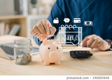 Personal finance savings planning, hand putting coin in piggy bank for monthly budget expense, analyzing money management strategy for financial growth using calculator Personal finance savings planning, hand putting coin in piggy bank for monthly budget expense, analyzing money management strategy for financial growth using calculator 140895648
