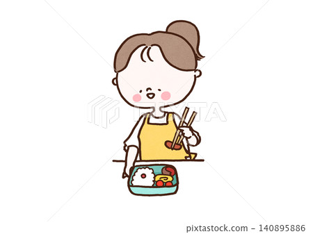 A woman in an apron making a bento box (homemade lunch, housework) A woman in an apron making a bento box (homemade lunch, housework) 140895886