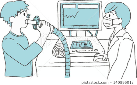 A comical illustration of a patient and doctor working hard on a respiratory function test (spirometry) (health checkup, lung age, simple pulmonary function test) A comical illustration of a patient and doctor working hard on a respiratory function test (spirometry) (health checkup, lung age, simple pulmonary function test) 140896012