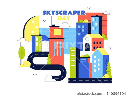 Skyscraper Day Illustration Featuring Modern City Skyline, High Rise Buildings, Urban Architecture, Downtown Landscape, and Metropolitan Landmarks 140896104