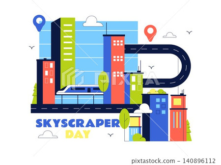Skyscraper Day Illustration Featuring Modern City Skyline, High Rise Buildings, Urban Architecture, Downtown Landscape, and Metropolitan Landmarks Skyscraper Day Illustration Featuring Modern City Skyline, High Rise Buildings, Urban Architecture, Downtown Landscape, and Metropolitan Landmarks 140896112