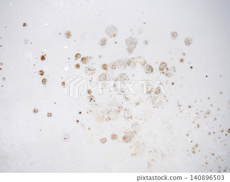 Mold on the enamel in the bathroom. Mold spores in the bathroom. Black dots on a white background. The problem of everyday life. The need for a cleaning product. Mold on the enamel in the bathroom. Mold spores in the bathroom. Black dots on a white background. The problem of everyday life. The need for a cleaning product. 140896503