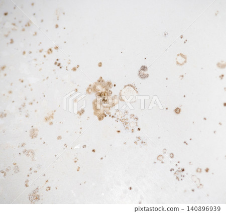 Mold on the enamel in the bathroom. Mold spores in the bathroom. Black dots on a white background. The problem of everyday life. The need for a cleaning product. Mold on the enamel in the bathroom. Mold spores in the bathroom. Black dots on a white background. The problem of everyday life. The need for a cleaning product. 140896939