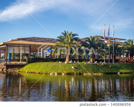 City lake in Batumi with geese on the shore. Restaurant on the shore. Resort in the south. City lake in Batumi with geese on the shore. Restaurant on the shore. Resort in the south. 140896956