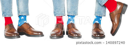 Three pairs of men's legs, red and blue socks Three pairs of men's legs, red and blue socks 140897240