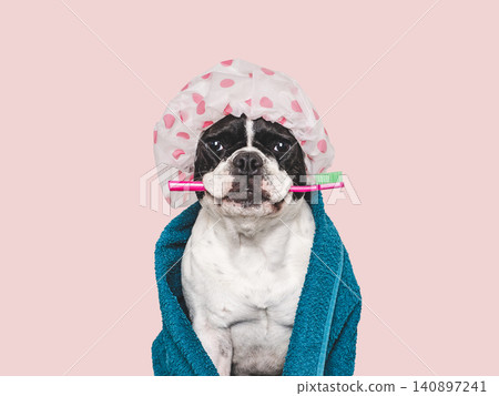 French Bulldog wearing a shower cap French Bulldog wearing a shower cap 140897241