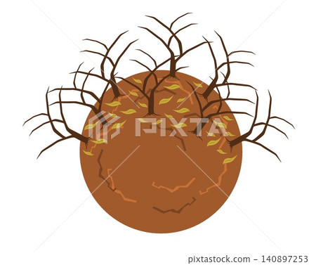 Dry cracked earth planet with bare dead trees isolated on white background. 140897253