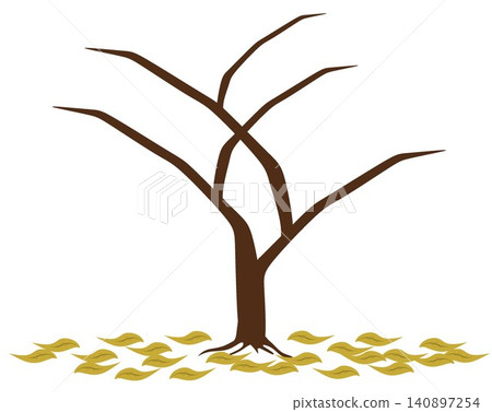 Bare deciduous tree with dry fallen leaves on the ground isolated on white background. Bare deciduous tree with dry fallen leaves on the ground isolated on white background. 140897254