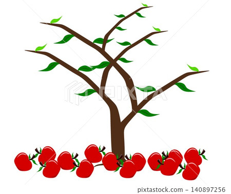 Red apples falling on the ground under the tree isolated on white background. 140897256