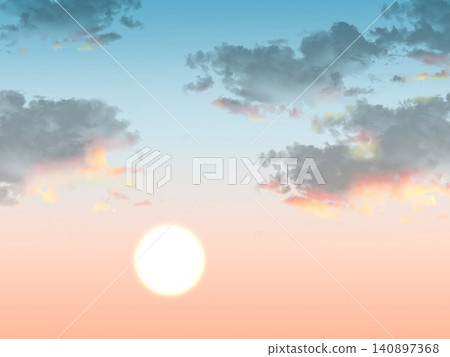 The sunset sky, with clouds and the sun tinged orange. 140897368