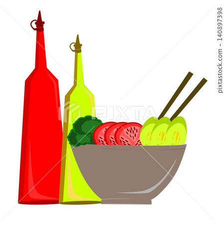 Ceramic bowl of fresh vegetable salad with chopsticks and sauce bottles Ceramic bowl of fresh vegetable salad with chopsticks and sauce bottles 140897398