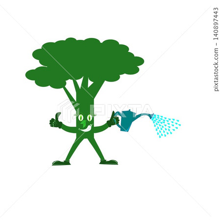 Funny Cartoon Tree Mascot Character Holding a Watering Can Isolated on White Background Funny Cartoon Tree Mascot Character Holding a Watering Can Isolated on White Background 140897443