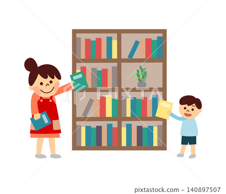 一位家長和孩子正在整理書架 一位家長和孩子正在整理書架 140897507
