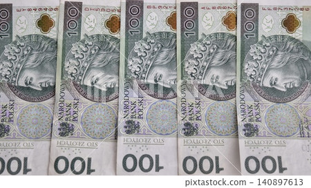 Polish Zloty Banknotes 100 PLN Currency Close Up Polish Zloty Banknotes 100 PLN Currency Close Up 140897613