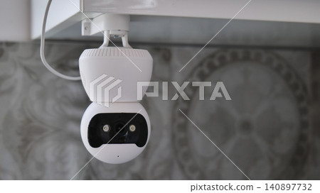 White Indoor Security Camera Mounted on Ceiling White Indoor Security Camera Mounted on Ceiling 140897732