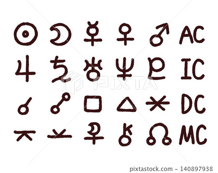 A set of Western astrological symbols representing celestial bodies, aspects, and other related concepts. A set of Western astrological symbols representing celestial bodies, aspects, and other related concepts. 140897938