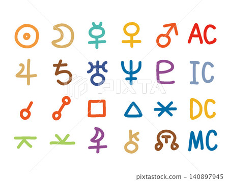 一套色彩繽紛的西方占星符號,代表天體、相位等等。 一套色彩繽紛的西方占星符號,代表天體、相位等等。 140897945