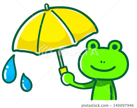雨天裡，一隻青蛙撐著一把黃色雨傘，露出燦爛的笑容。 140897946