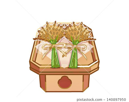 An offering of rice stalks placed on a sanbo (a type of offering stand). 140897950