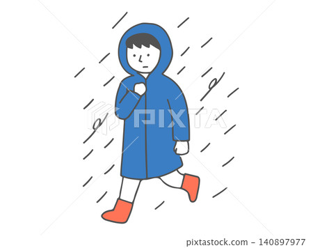 A man wearing a raincoat moves around in the rain. (Simple illustration related to disaster preparedness and going out in bad weather) A man wearing a raincoat moves around in the rain. (Simple illustration related to disaster preparedness and going out in bad weather) 140897977