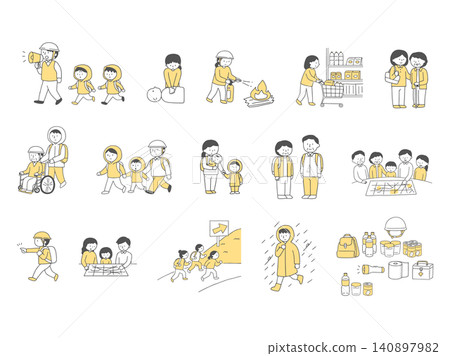 Set of monochrome illustrations of people related to disaster prevention Set of monochrome illustrations of people related to disaster prevention 140897982