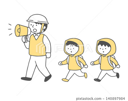 Monochrome image of adults and children evacuating during a disaster drill. Monochrome image of adults and children evacuating during a disaster drill. 140897984