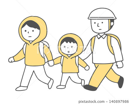 Illustration of a parent and child evacuating (monochrome) Family disaster preparedness/evacuation drill Illustration of a parent and child evacuating (monochrome) Family disaster preparedness/evacuation drill 140897986
