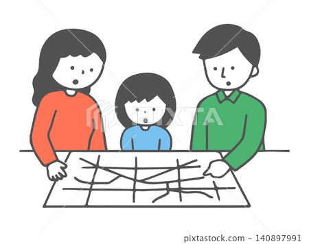 An illustration showing a family checking a hazard map. An illustration showing a family checking a hazard map. 140897991
