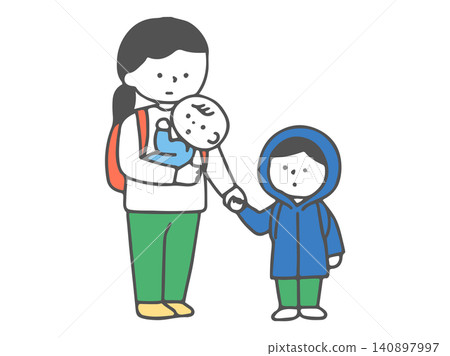 A woman evacuating with her baby and toddler. 140897997