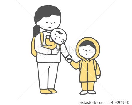 A woman evacuating with a baby and an infant (monochrome) A woman evacuating with a baby and an infant (monochrome) 140897998