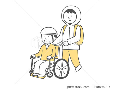 一名年輕男子在疏散過程中幫助一位坐在輪椅上的老人(黑白照片) 一名年輕男子在疏散過程中幫助一位坐在輪椅上的老人(黑白照片) 140898003