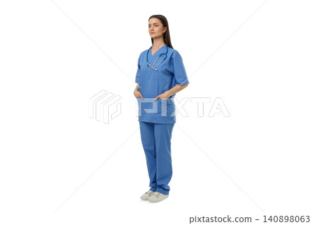 A confident person in scrubs with hands in pockets, isolated, PNG A confident person in scrubs with hands in pockets, isolated, PNG 140898063