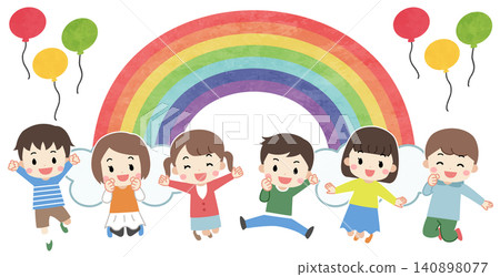 An illustration of cute children jumping and a rainbow. An illustration of cute children jumping and a rainbow. 140898077