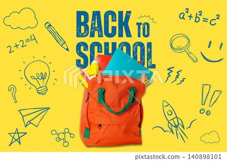 Back to school, Bright orange backpack filled with colorful school supplies sits prominently Back to school, Bright orange backpack filled with colorful school supplies sits prominently 140898101