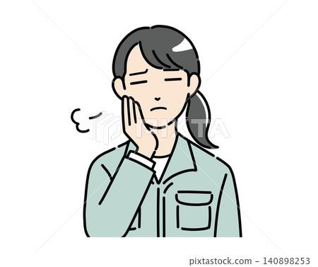 An illustration of a woman in work clothes sighing with her hand on her chin. An illustration of a woman in work clothes sighing with her hand on her chin. 140898253
