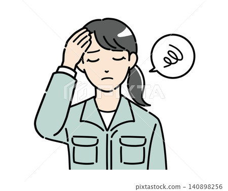 An illustration of a woman in work clothes slumped over with her head in her hands. An illustration of a woman in work clothes slumped over with her head in her hands. 140898256